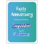 Funny Blue Happy Anniversary Card with Congratulations Message and Personalised Names