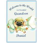 Personalised New Baby Grandson Card with Puppy and Bone Welcome Design