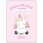 Personalised Baby Welcome Granddaughter Card Pink Unicorn Design