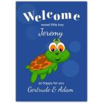 Personalised Blue Turtle New Baby Boy Welcome Card for Newborn Son or Grandson
