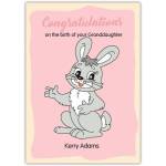 Personalised Baby Congratulations Card for Granddaughter with Cute Grey Bunny on Pink Background