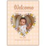 Welcome Grandson Photo Upload Baby Card with Cute Furry Friends Heart Frame