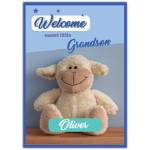 Welcome Little Grandson New Baby Blue Sheep Teddy Personalised Card