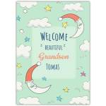 Welcome Baby Grandson Moon and Stars New Baby Greeting Card Personalised