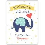 Personalised Welcome Baby Card Featuring Cute Blue Elephant and Stars for New Grandson