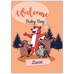 Welcome Baby Boy Forest Friends New Baby Greeting Card with Personalised Name