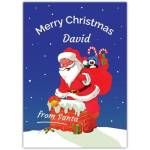 Personalised Santa on Chimney Christmas Card with Presents and Night Sky Design