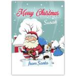 Personalised Christmas Card with Santa and Dog in Snowy Scene