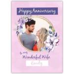 Personalised Happy Anniversary Wife Photo Upload Purple Flowers Card