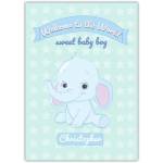Welcome Baby Boy Blue Elephant Newborn Card with Personalised Name Option
