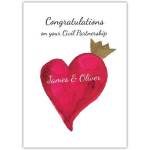 Congratulations Civil Partnership Card Heart with Crown Personalised Watercolour Design