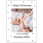 Personalised Christening Card for Grandson with Blue Hearts and Photo Upload