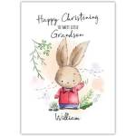 Personalised Christening Card for Grandson Cute Brown Bunny Design
