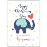 Personalised Christening Day Card for Grandson with Blue Elephant and Heart Design