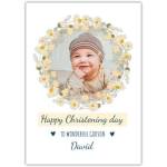 Personalised Christening Card with Yellow Flower Wreath and Photo Frame for Godson