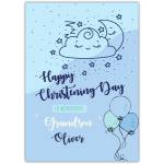 Personalised Blue Christening Card for Grandson with Sleeping Cloud and Balloons Design