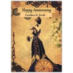 Vintage Victorian Style Personalised Happy Anniversary Card with Lady and Clock Design