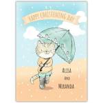 Personalised Christening Day Card Cute Kitty Cat with Umbrella Watercolour Design