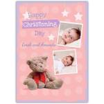 Personalised Pink Teddy Bear Christening Day Card with Photo Upload Option