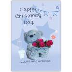 Personalised Christening Card with Teddy Bear and Rose Bouquet on Blue Background