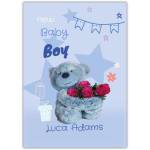 New Baby Boy Teddy Bear and Roses Greeting Card with Personalised Name Option
