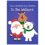 Personalised Merry Christmas Card with Santa Reindeer and Polar Bear on Purple Background