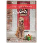 Personalised Happy Christmas Dog with Present Outside Red Door Card