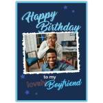 Personalised Happy Birthday Boyfriend Photo Upload Greeting Card in Blue with Stars Design