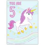 5th Birthday Unicorn Card for Girls with Pink and Gold Stars Design