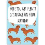 Happy Birthday Card with Sausage Dog Design and Humorous Sausage Pun on Blue Background