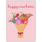 Happy New Home Card with Colourful Bouquet Illustration on Pink Background