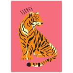Fierce Tiger Roar Illustrated Animal Greeting Card with Red Background