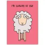 Thinking of You Pun Card with Cute Sheep on Pink Background