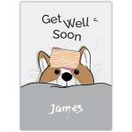 Personalised Get Well Soon Card Featuring Cute Dog in Bed with Cooling Pad Design