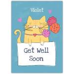 Get Well Soon Cute Yellow Cat with Flowers Greeting Card Personalized Name Option
