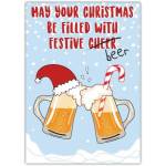 Funny Christmas Beer Cheers Cartoon Greeting Card with Santa Hat and Candy Cane
