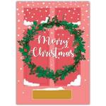 Merry Christmas Card with Green Wreath on Pink Snowy Door Design