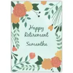 Personalised Happy Retirement Card with Floral Border Design in Blue and Orange