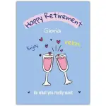 Personalised Happy Retirement Card Pink Wine Glasses Clink and Hearts Design