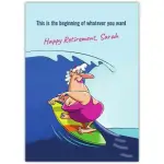 Happy Retirement Woman Surfing Fun Personalised Greeting Card