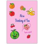 Personalised Thinking of You Card with Cute Fruit Characters on Pink Background