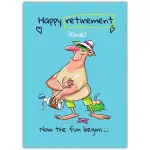 Personalised Retirement Card for Man Blue Sun Beach Fun Occasion