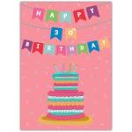 Happy 30th Birthday Card with Colourful Banner and Layered Cake Design