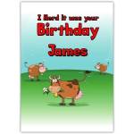 Personalised Herd It Was Your Birthday Card with Cartoon Cows and Green Sky Background
