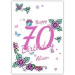 Personalised Happy 70th Birthday Card with Purple Pastel Flowers and Butterflies