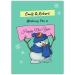 Personalised Happy New Year Snowman Greeting Card with Custom Names on Cover