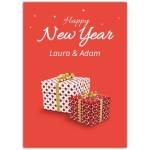 Personalised Happy New Year Card with Festive Gift Boxes on Red Background