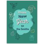 Personalised Happy New Year Card with Festive Christmas Icons and Family Name Option