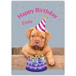 Personalised Puppy Birthday Card with Cake and Party Hat for Girls