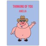 Personalised Thinking of You Card with Cool Cowboy Pig Design